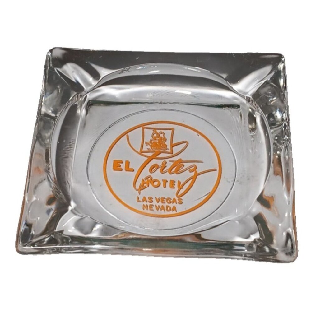 VTG El Cortez Hotel Casino Las Vegas Glass Ashtray 3.5" Clear with Orange Logo